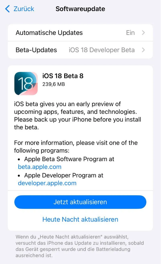 耿马苹果手机维修分享苹果 iOS / iPadOS 18 开发者预览版 Beta 8 发布 